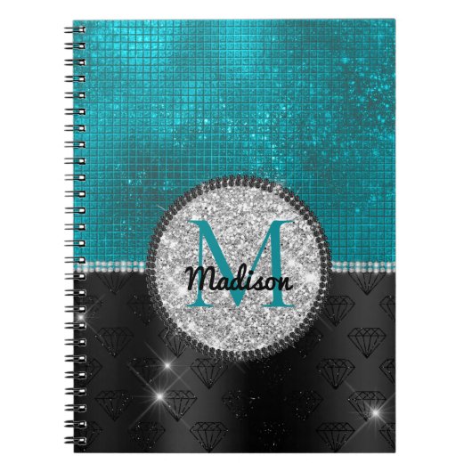Chic faux Silver Glitter Turquoise Black monogram Notitieboek (Voorkant)