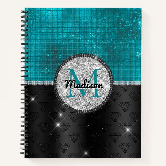 Chic faux Silver Glitter Turquoise Black monogram Notitieboek (Voorkant)