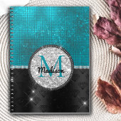 Chic faux Silver Glitter Turquoise Black monogram Notitieboek
