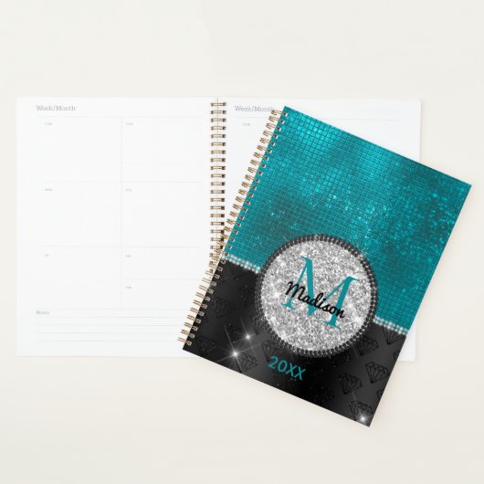 Chic faux Silver Glitter Turquoise Black monogram Planner (Display)