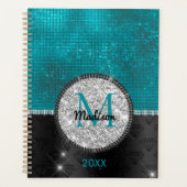 Chic faux Silver Glitter Turquoise Black monogram Planner (Voorkant)