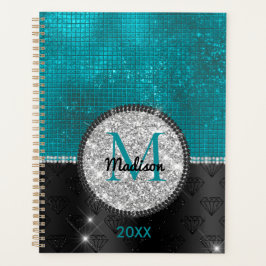 Chic faux Silver Glitter Turquoise Black monogram Planner