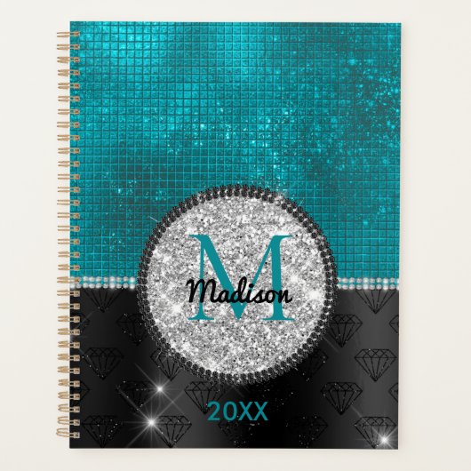 Chic faux Silver Glitter Turquoise Black monogram Planner (Voorkant)
