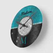 Chic faux Silver Glitter Turquoise Black monogram Ronde Klok (Hoek)