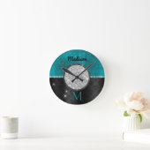 Chic faux Silver Glitter Turquoise Black monogram Ronde Klok (Huis)