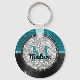 Chic faux Silver Glitter Turquoise Black monogram Sleutelhanger