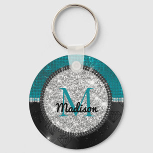 Chic faux Silver Glitter Turquoise Black monogram Sleutelhanger