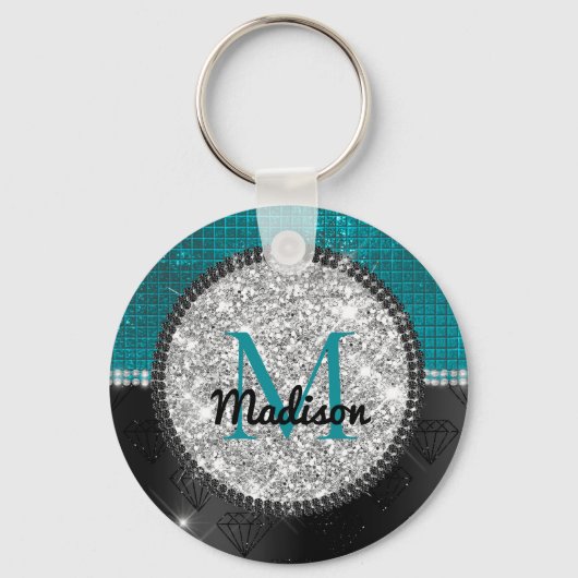 Chic faux Silver Glitter Turquoise Black monogram Sleutelhanger (Voorkant)