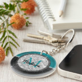 Chic faux Silver Glitter Turquoise Black monogram Sleutelhanger (Voorkant Rechts)