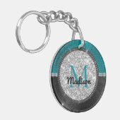 Chic faux Silver Glitter Turquoise Black monogram Sleutelhanger (Voorkant Links)