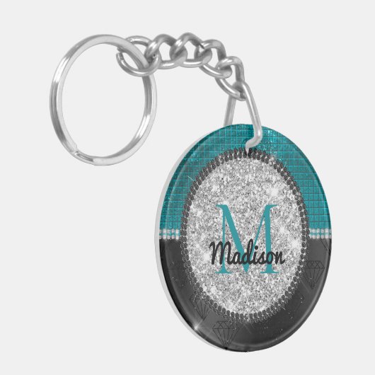 Chic faux Silver Glitter Turquoise Black monogram Sleutelhanger (Voorkant Links)