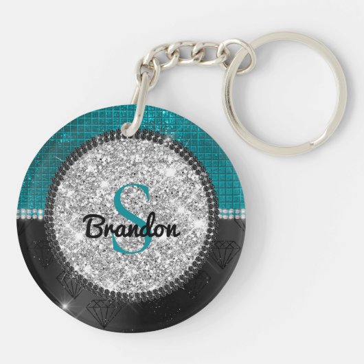 Chic faux Silver Glitter Turquoise Black monogram Sleutelhanger (Achterkant)
