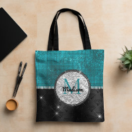Chic faux Silver Glitter Turquoise Black monogram Tote Bag