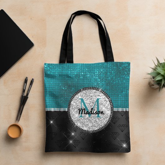 Chic faux Silver Glitter Turquoise Black monogram Tote Bag