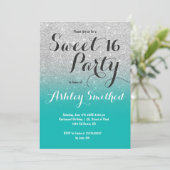 Chic faux Silver Glitter turquoise ombre Sweet 16 Kaart (Staand voorkant)