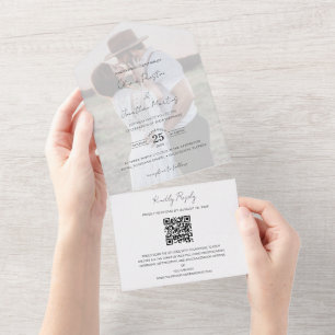 Chic Faux Vellum Effect Foto Weddenschap QR Code R All In One Uitnodiging