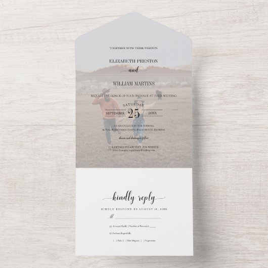 Chic Faux Vellum Effect Photo Weddenschap met RSVP All In One Uitnodiging (Binnen)