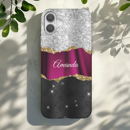 Chic faux zilver glitter roze zwart monogram Case-Mate iPhone case