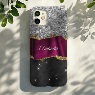 Chic faux zilver glitter roze zwart monogram iPhone 16 pro hoesje