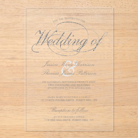 Chic Faux Zilveren Folie Script Wedding Acryl Uitnodigingen (Voorkant)