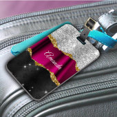Chic faux zilverglitter Fuchsia zwart monogram Bagagelabel