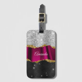 Chic faux zilverglitter Fuchsia zwart monogram Bagagelabel (Voorkant (verticaal))