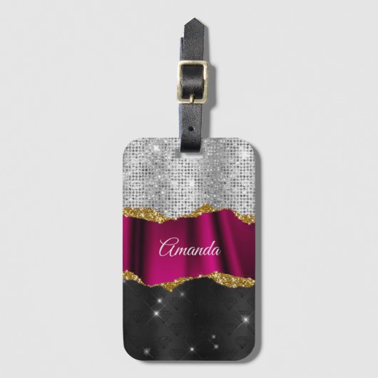 Chic faux zilverglitter Fuchsia zwart monogram Bagagelabel (Voorkant (verticaal))