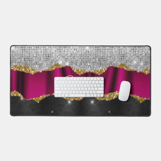 Chic faux zilverglitter Fuchsia zwart monogram Bureaumat (Keyboard & Muis)