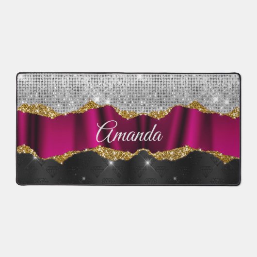 Chic faux zilverglitter Fuchsia zwart monogram Bureaumat (Voorkant)