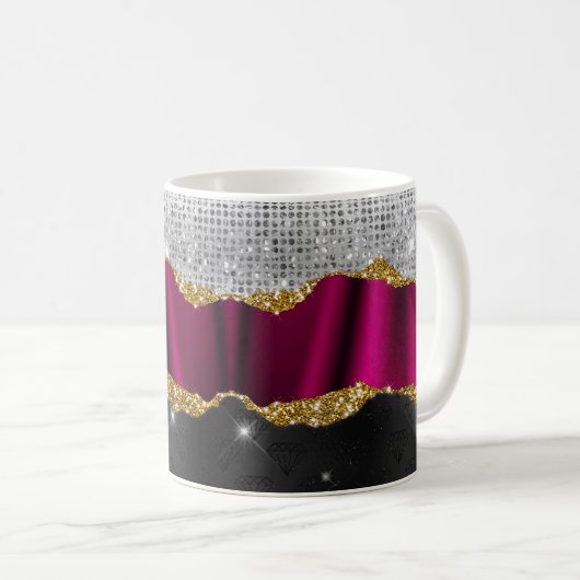 Chic faux zilverglitter Fuchsia zwart monogram Koffiemok (Voorkant rechts)