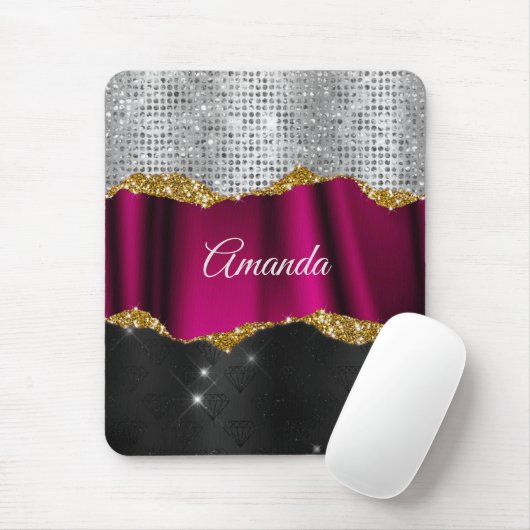 Chic faux zilverglitter Fuchsia zwart monogram Muismat (Met muis)