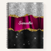 Chic faux zilverglitter Fuchsia zwart monogram Notitieboek (Voorkant)