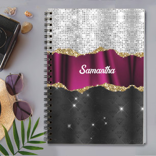 Chic faux zilverglitter Fuchsia zwart monogram Notitieboek