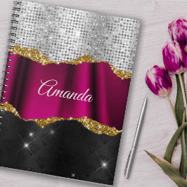Chic faux zilverglitter Fuchsia zwart monogram Notitieboek
