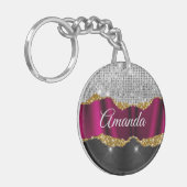 Chic faux zilverglitter Fuchsia zwart monogram Sleutelhanger (Voorkant Links)
