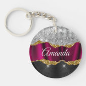 Chic faux zilverglitter Fuchsia zwart monogram Sleutelhanger (Voorkant)