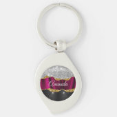 Chic faux zilverglitter Fuchsia zwart monogram Sleutelhanger (Voorkant)