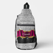 Chic faux zilverglitter Fuchsia zwart monogram Sling Bag (Voorkant)
