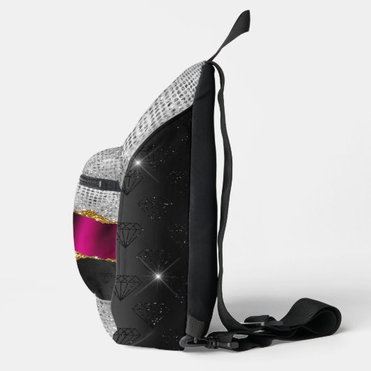 Chic faux zilverglitter Fuchsia zwart monogram Sling Bag (Rechts)