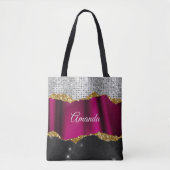 Chic faux zilverglitter Fuchsia zwart monogram Tote Bag (Voorkant)