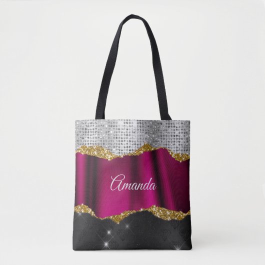 Chic faux zilverglitter Fuchsia zwart monogram Tote Bag (Voorkant)