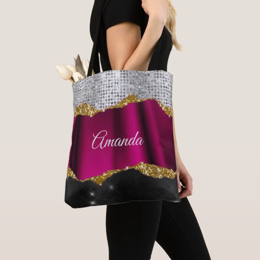 Chic faux zilverglitter Fuchsia zwart monogram Tote Bag (Dichtbij)