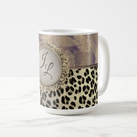 Chic Feathers met Leopard Print Monogram Koffiemok (Voorkant rechts)