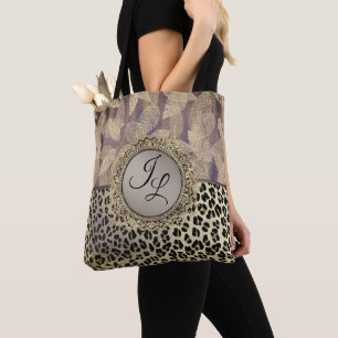 Chic Feathers met Leopard Print Monogram Tote Bag