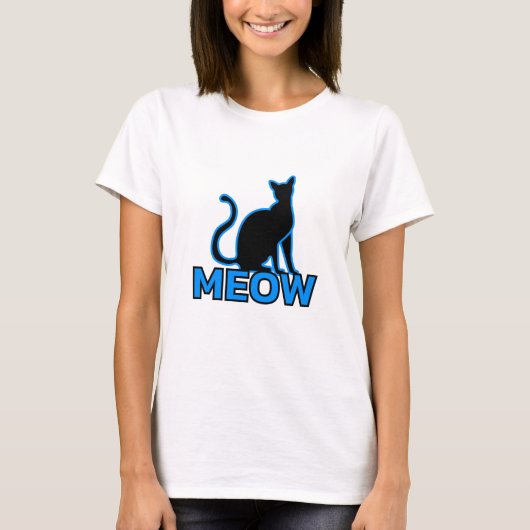 Chic Feline Charm - Blauw 'MEOW' Cat Silhouet T-shirt (Voorkant)