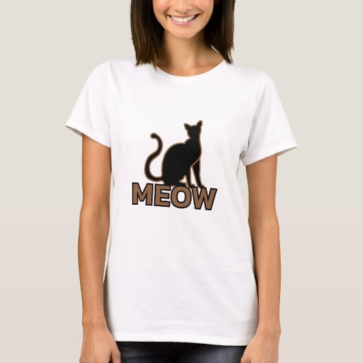 Chic Feline Charm - Bruin 'MEOW' Cat Silhouet T-shirt (Voorkant)