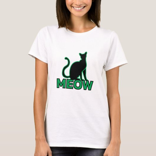 Chic Feline Charm - Groene 'MEOW' Cat Silhouette T T-shirt (Voorkant)