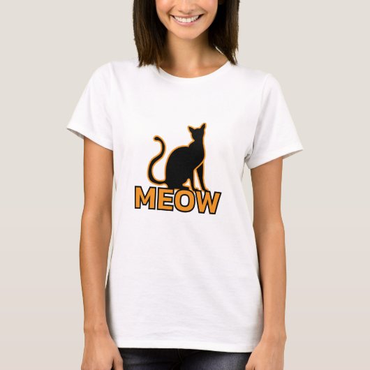 Chic Feline Charm - Sinaasappel 'MEOW' Cat Silhoue T-shirt (Voorkant)