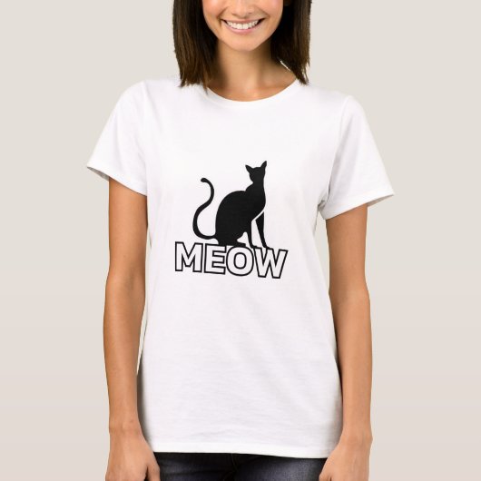 Chic Feline Charm - Wit ‘MEOW’ Cat Silhouet T-shirt (Voorkant)