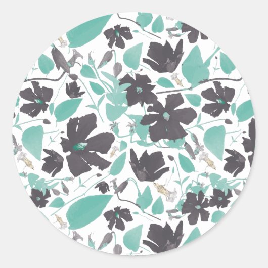 Chic Feminine Blauwgroen Grey Floral Pattern Ronde Sticker (Voorkant)